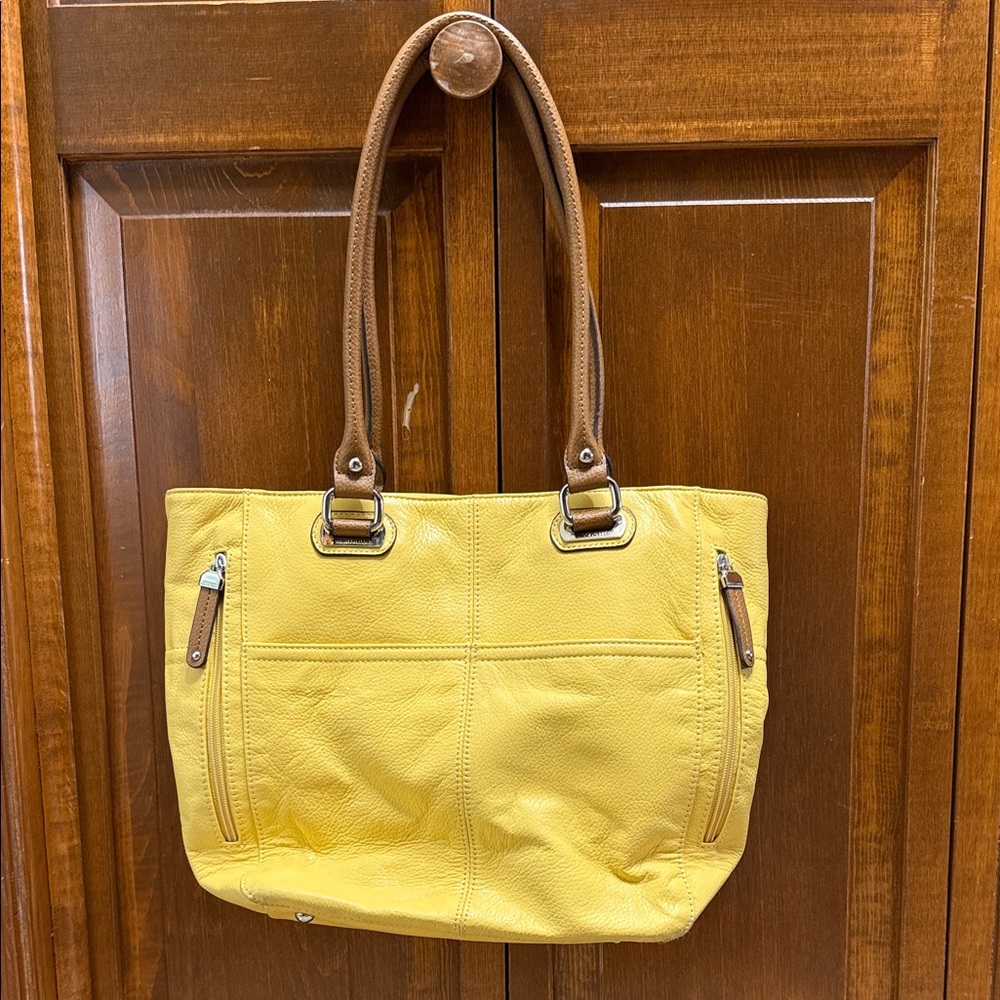 Tignanello Yellow Leather Shoulder Bag with Brown leather Handles